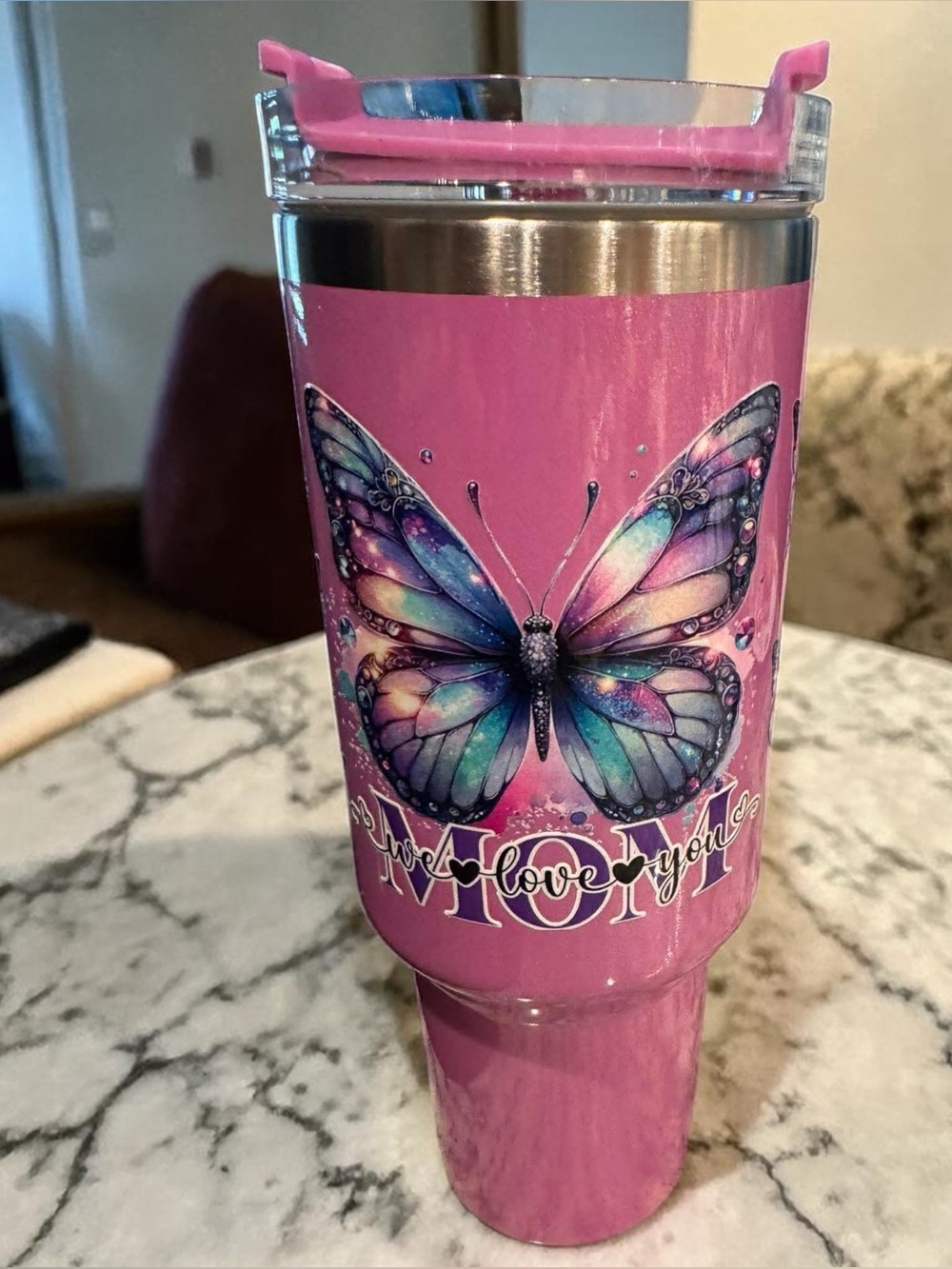 MOM Hand Crafted Pink Butterfly Tumbler NEW IN BOX WITH STRAW